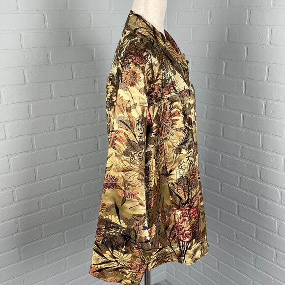 CHICOS Jacket Women 2 Large 12 Gold Red Japanese Floral Trucker Silk‎ Party Boho - Picture 5 of 11